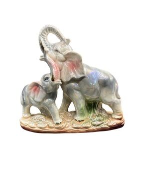Vintage Japan Iridescent Ceramic Porcelain Double Elephant Trunks Up Figurine